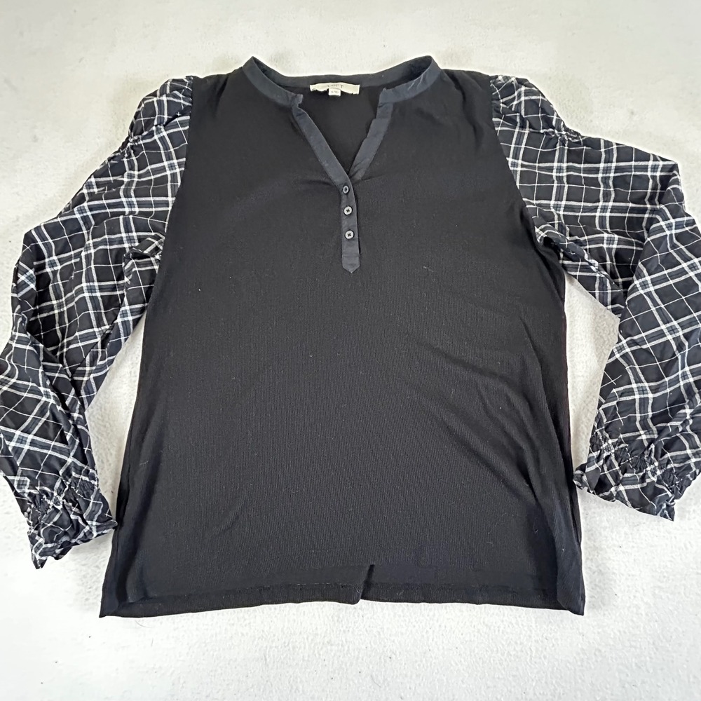 LOFT Black Mixed Media Plaid Sleeve Henley Top XL 760111 Ribbed Knit Plaid‎ Cuff